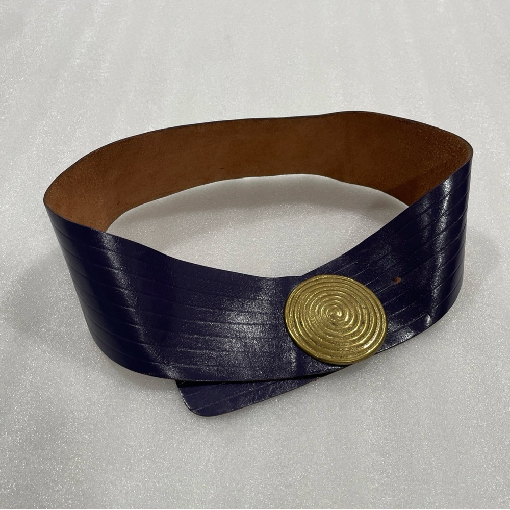 Handcrafted Purple Leather 3”Wide Belt Large Brass Circular Pin Buckle 29-32” - Picture 2 of 8